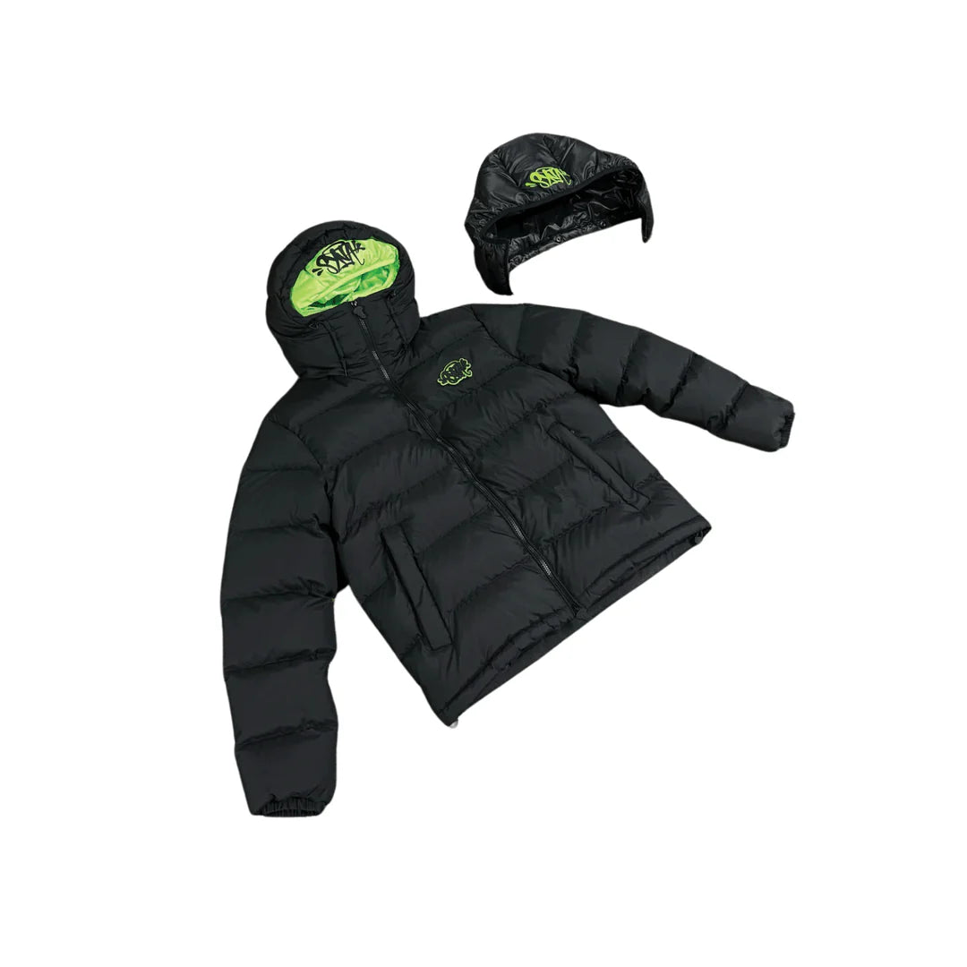 SYNAWORLD DOUBLE PUFFER JACKET - BLACK / LIME GREEN