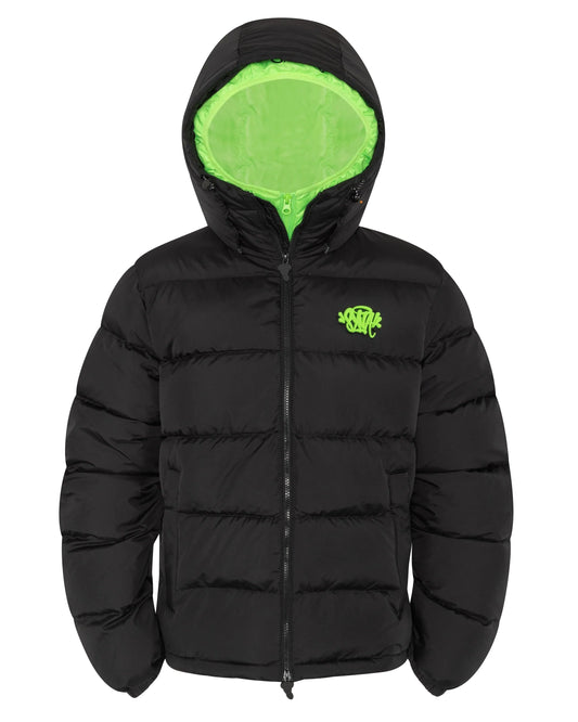 SYNAWORLD DOUBLE PUFFER JACKET - BLACK / LIME GREEN
